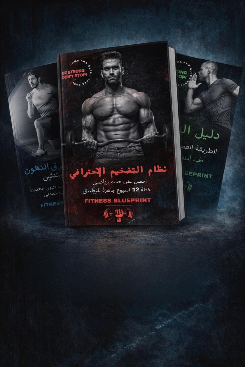 Three fitness guide covers featuring muscular men and Arabic text titled Fitness Blueprint on dark background.
